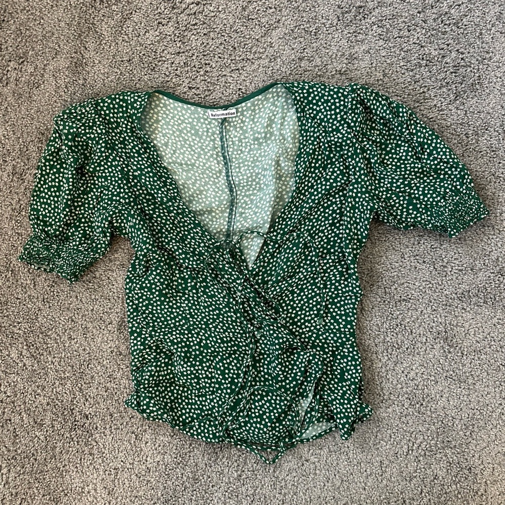 Reformation green and white wrap top size medium